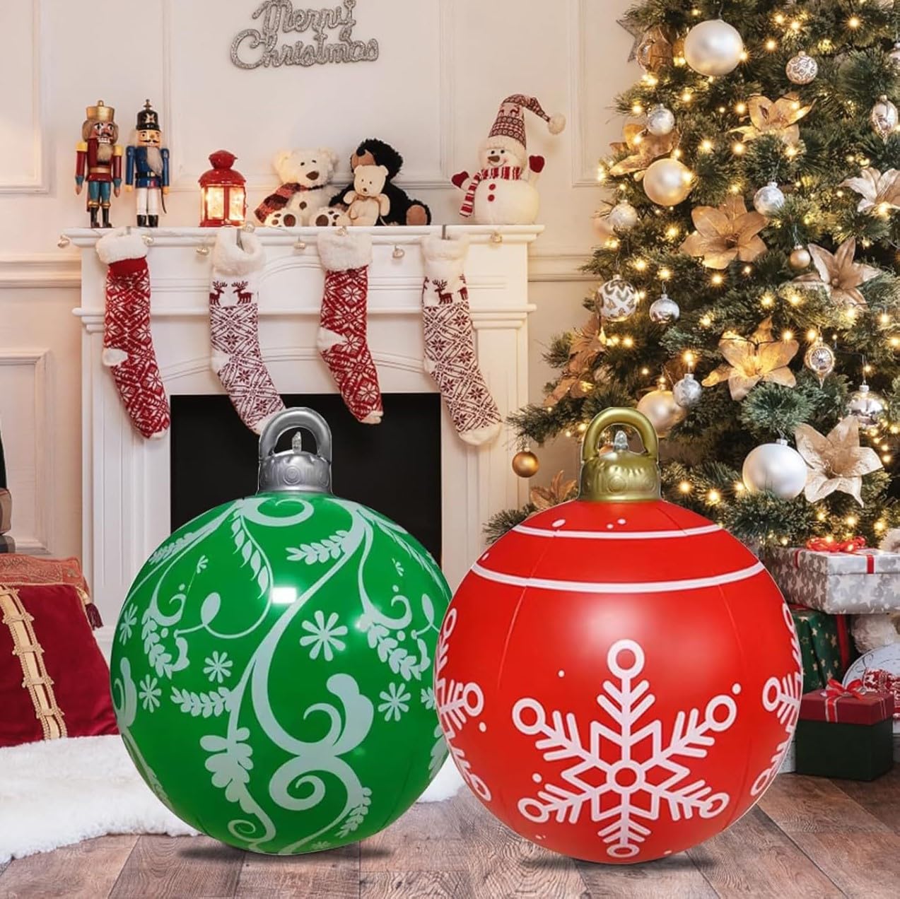 KAHEIGN 2Pcs Giant Inflatable Christmas Balls, 60CM PVC Blow Up Decoration Ball Snowflake Inflatable Holiday Ornament for Christmas Indoor Outdoor Home Garden Lawn Yard Porch Decoration