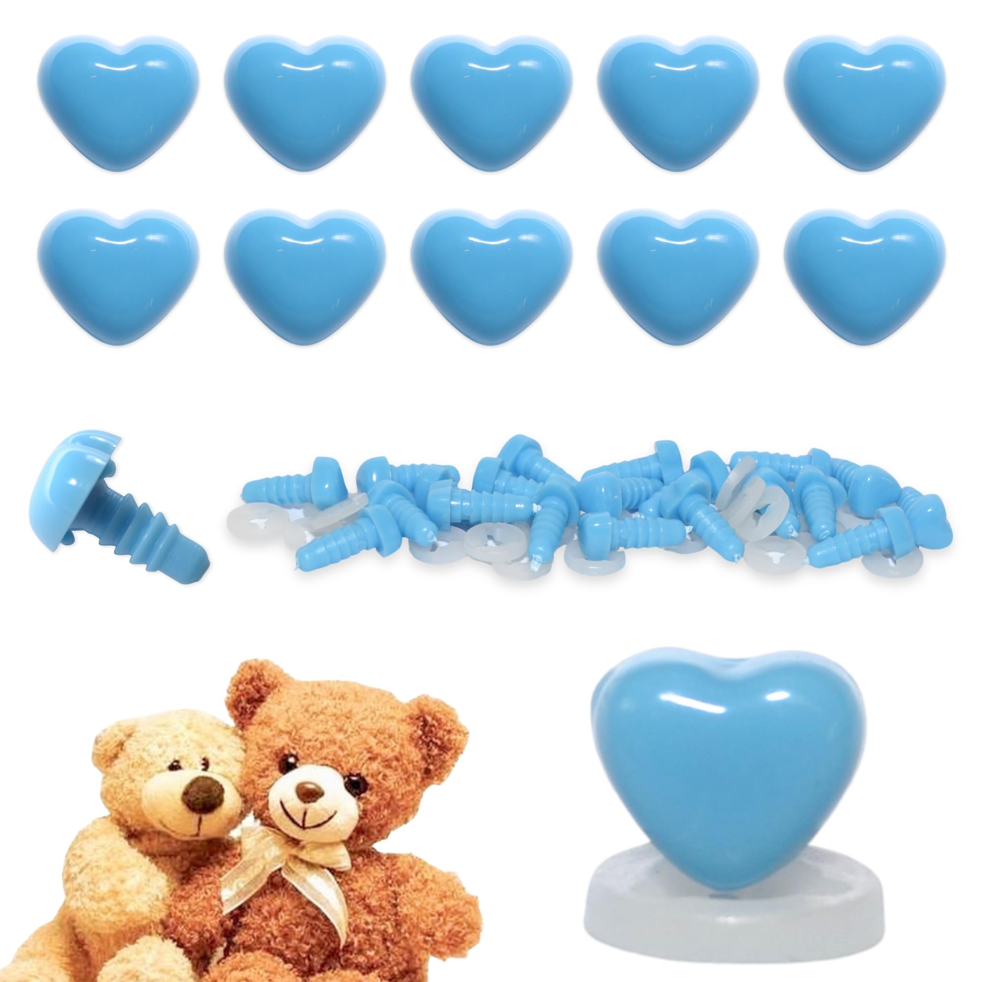 celloexpress 8mm x 7mm Deep Sky Blue Heart Noses with Plastic Backs - Safety Noses for Soft Toy Teddy Bear Animal Making (Pack of 10)
