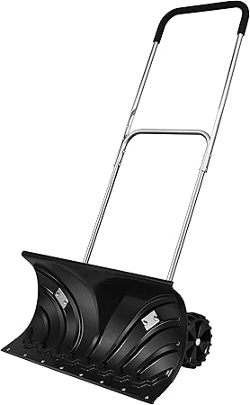 Review Goplus Rolling Snow Pusher Shovel, Handle Adjustable Snow Removal Tool, Manual Push Plow with 6-Inch Wheels for Driveway Pavement Stoop (Black)