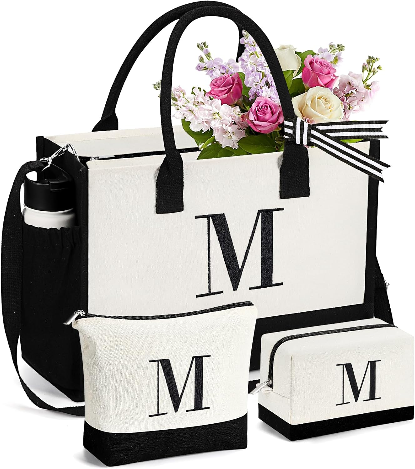 mibasies 1 Embroidered Personlized Canvas Tote Bag with 2 Makeup Bags Set, Birthday Gifts for Women