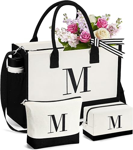 mibasies 1 bolsa de lona con inicial bordada con 2 bolsas de maquillaje, regalos de cumpleaños para mujer