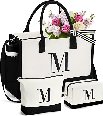 mibasies 1 Embroidered Personlized Canvas Tote Bag with 2 Makeup Bags Set, Birthday Gifts for Women