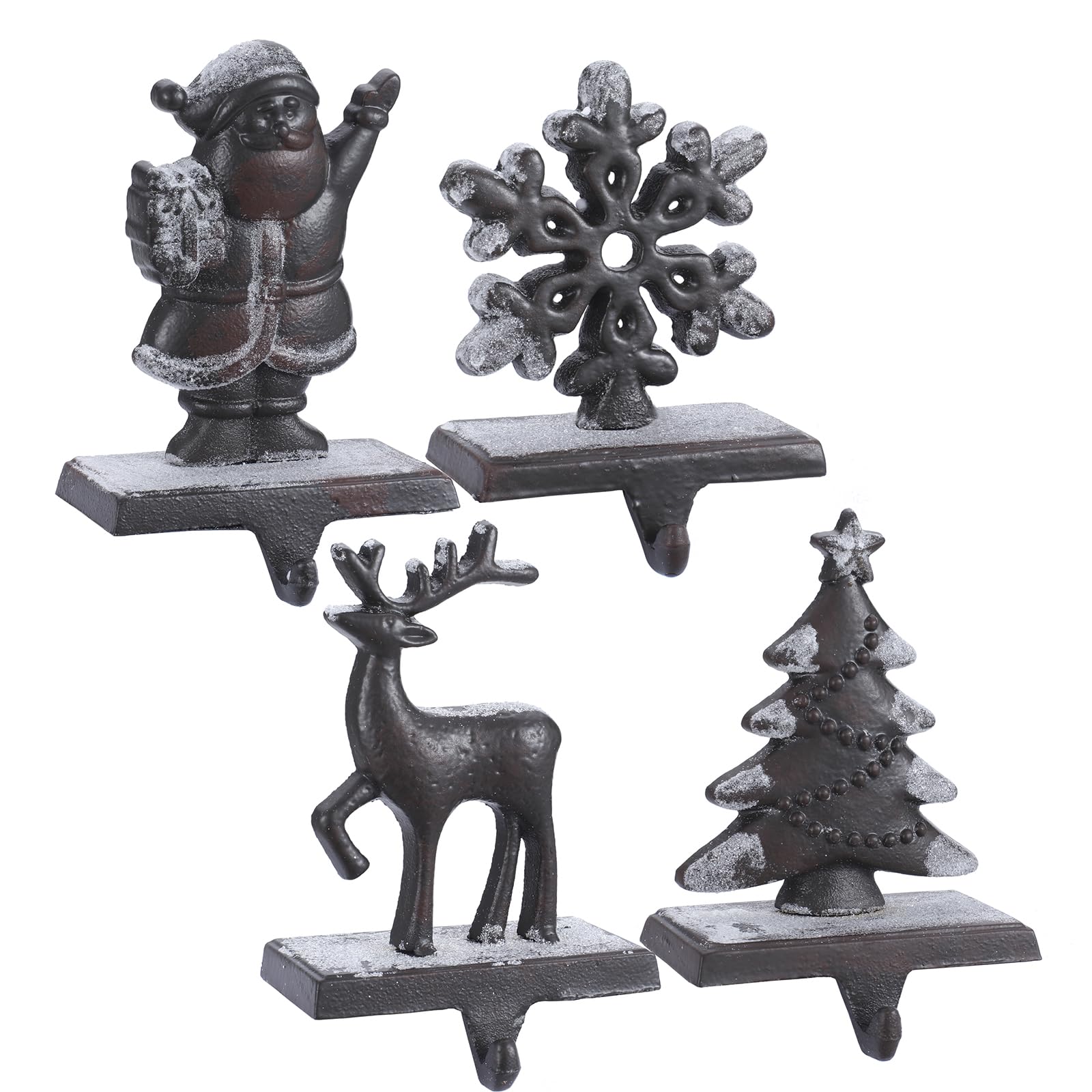 Set of 4 Cast Iron Christmas Stocking Holders for Mantel - Heavy Duty Stocking Hangers for Mantle- Xmas Tree Snowflake Deer Santa Stocking Holder for Mantle Decoration (Classic Black)