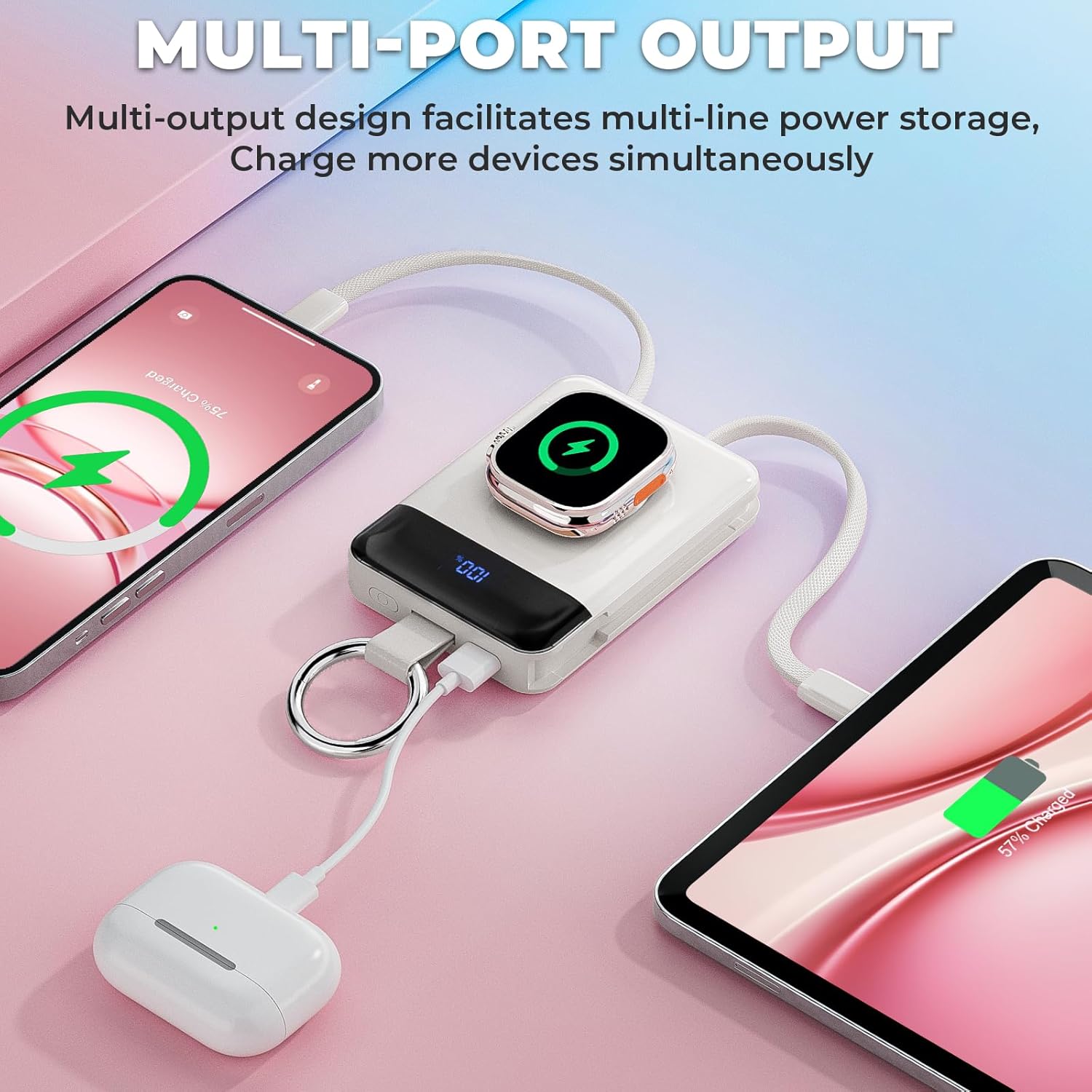 Portable Charger,5000mAh PD 20W Super Fast Charging Power Bank with Built-in Cables,Travel Keychain Battery Pack for Apple Watch Ultra/11/10/9/8/7/6/SE,iPhone 17/16/15/14/13/12 (White)
