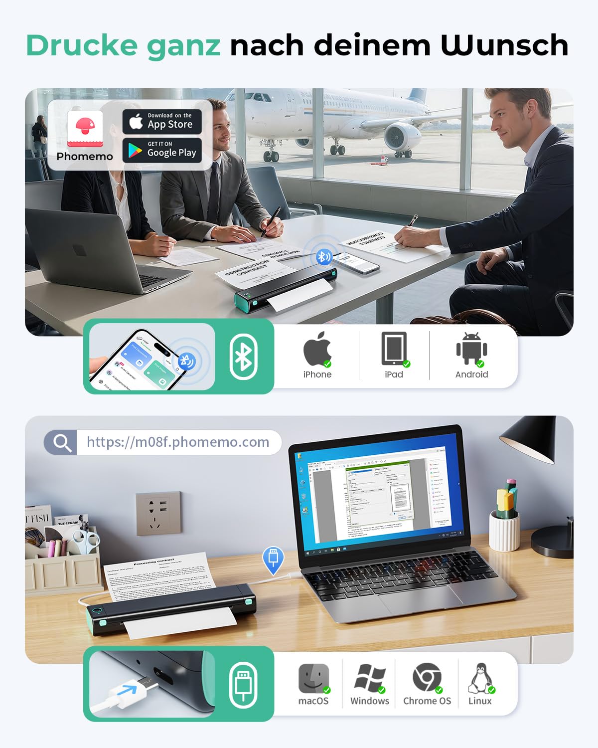 Phomemo M08F Thermodrucker A4 Mobiler Bluetooth Drucker, Tragbarer Wireless Printer für Unterwegs Kompatibel Android iOS, Thermopapier Drucker, Schwarz Grün