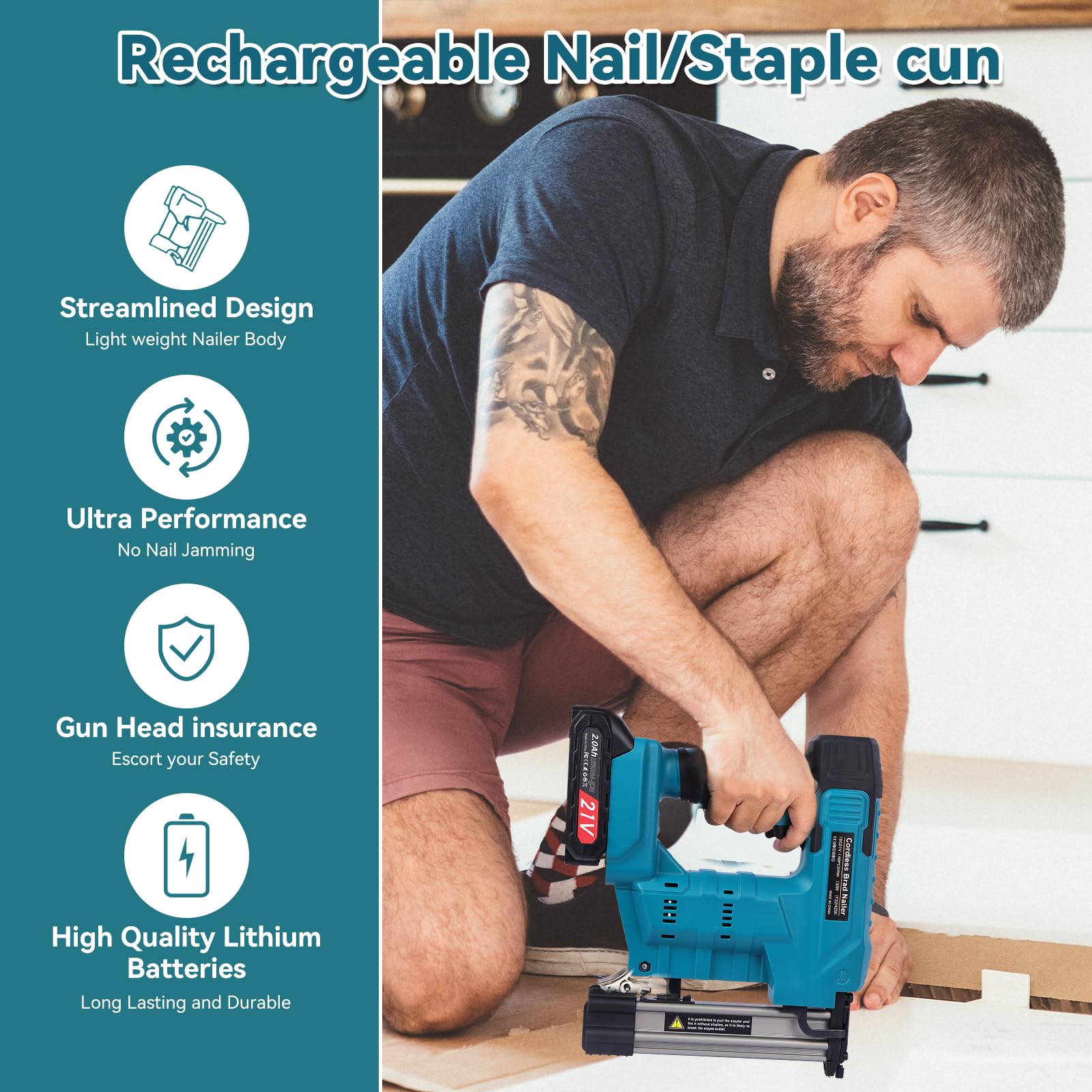 18GA 2 in 1 Chiodatrice e graffatrice senza fili, pistola sparachiodi alimentata a batteria con 2000 chiodi e graffette, supporta chiodi Brad F32 e graffette 425K, per finiture, mobili e lavorazione