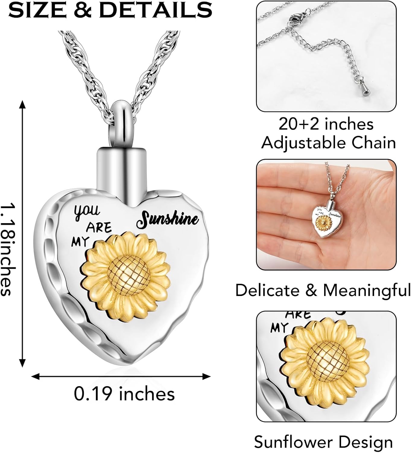 abooxiu Sunflower Urn Necklace for Ashes Heart Memorial Cremation Jewelry for Ashes Stainless Steel Ashes Necklace Keepsake Urn Pendant - you are my sunshine