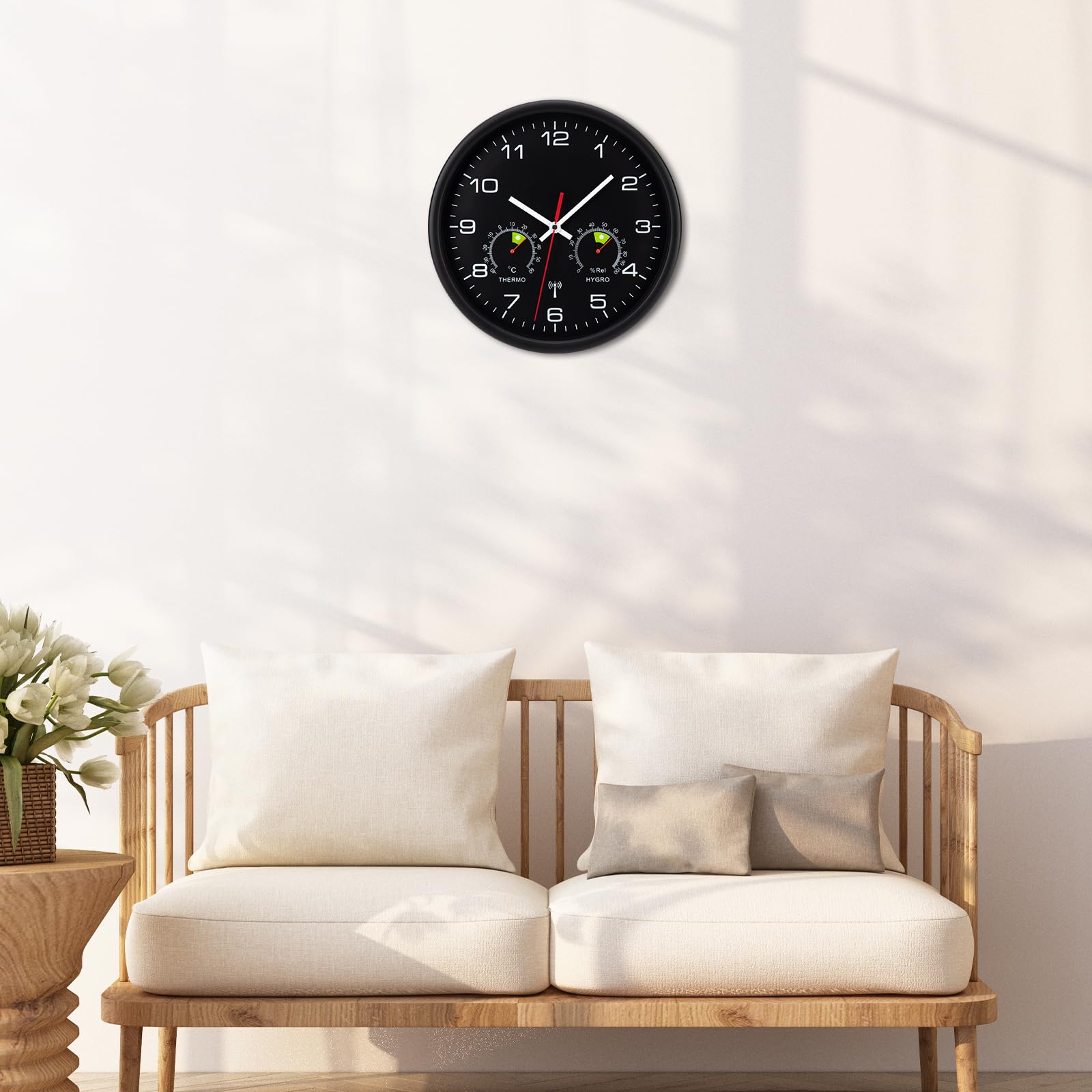 VIVILINEN Horloge Murale Radio-Pilotée avec Thermomètre et Hygromètre Pendule Murale à Quartz Moderne Silencieuse sans Tic-Tac pour Salon Chambre Bureau Cuisine