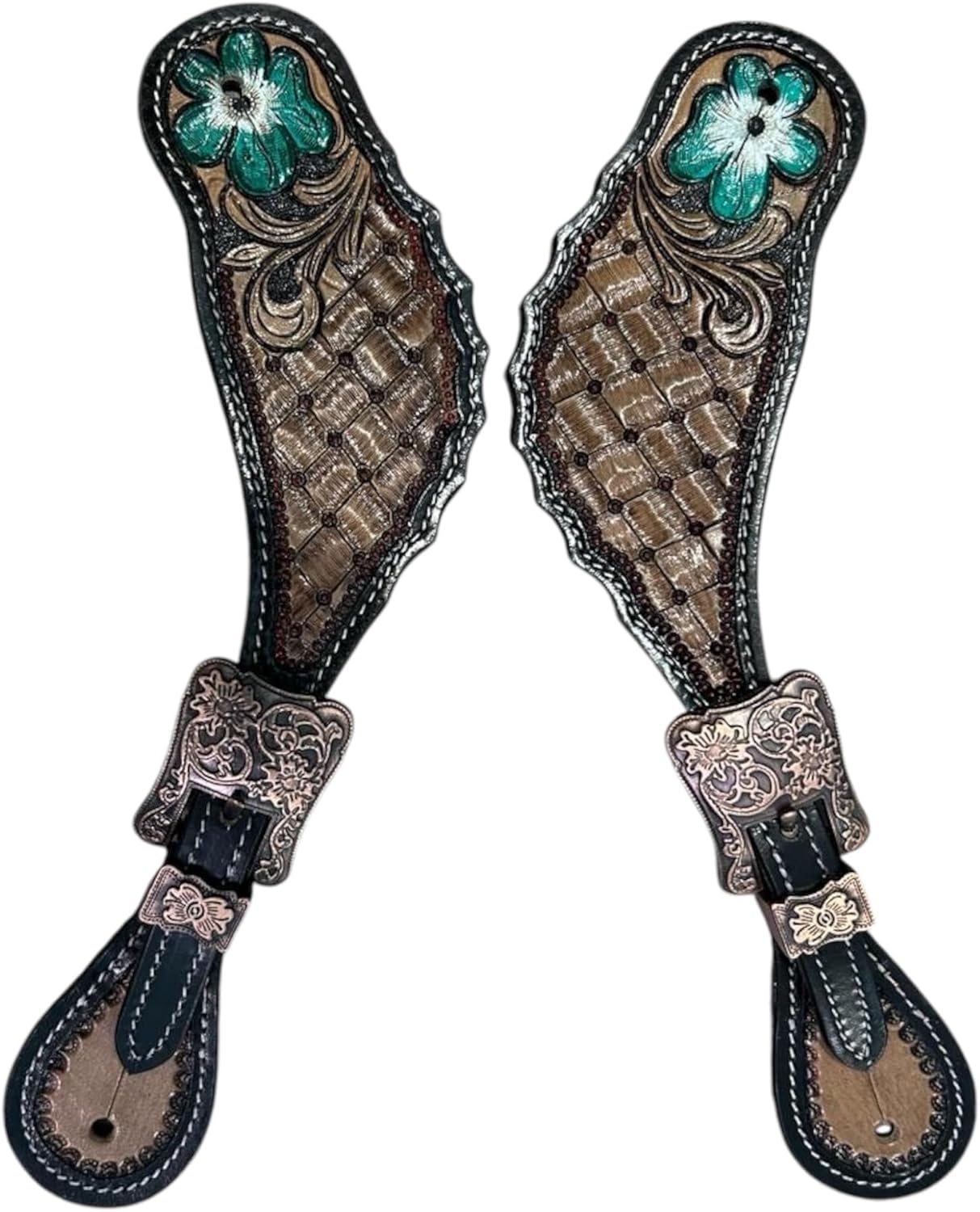 Majestic Ally Western Spur Straps, Genuine Leather, Antique Hand Tooling, Adjustable Stainless Steel Buckle