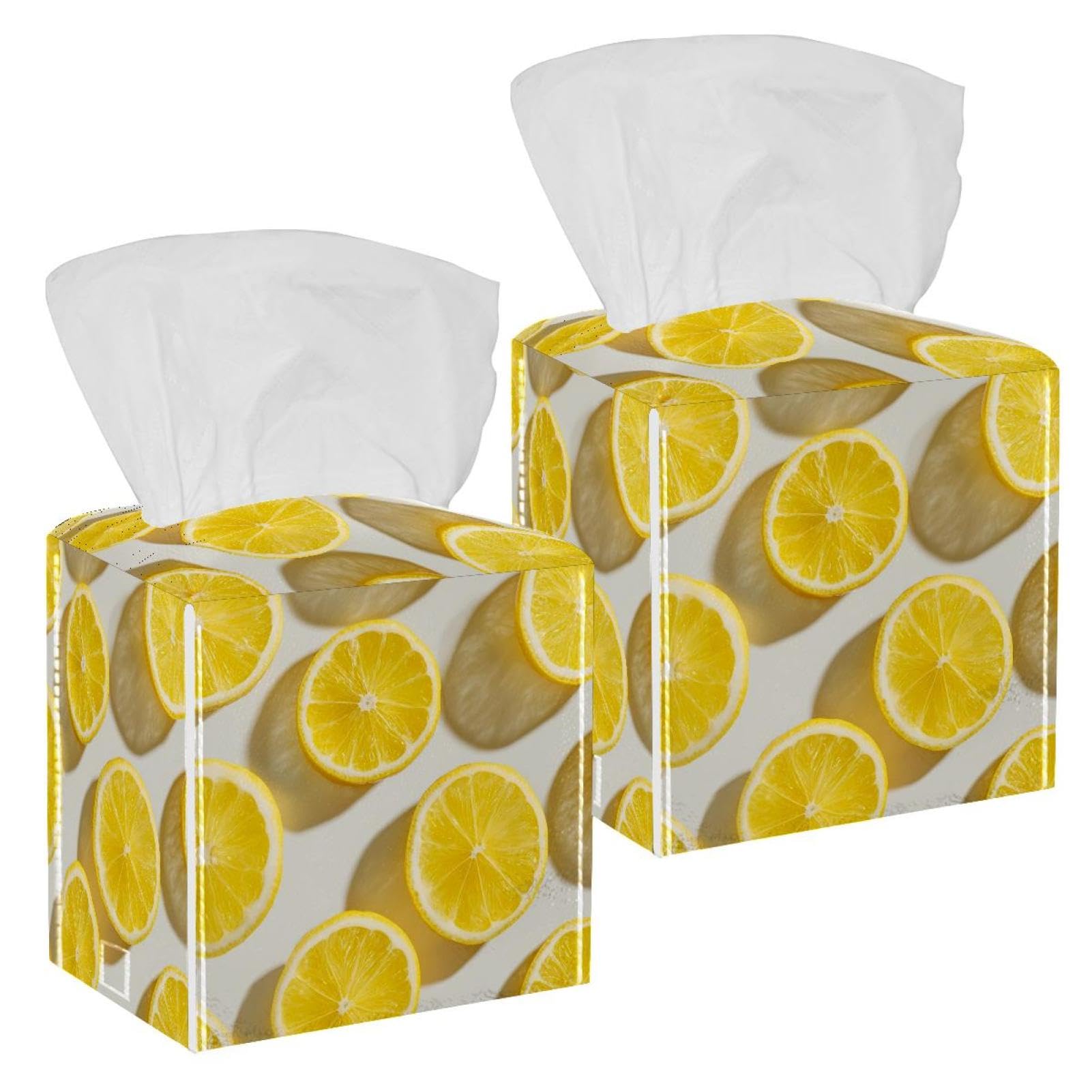 Lemon Tissue Box Cover, 2 Pack PU Leather Square Facial Tissue Dispenser Box holder for Home Office Car