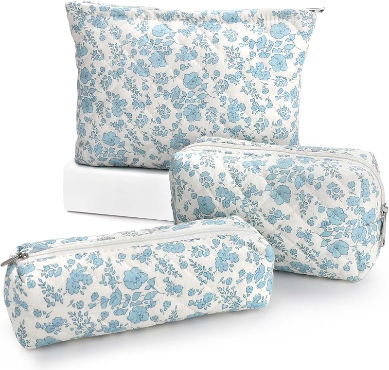 EIMMBD Necessaire de maquiagem com 3 peças, algodão, estampa floral, azul e branco, modelo EI002