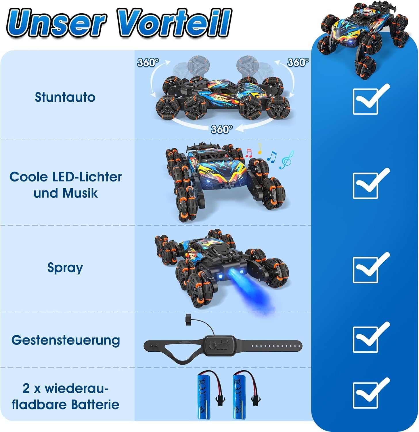 8WD Gesture Sensing Road Stunt Car, Remote Control Cars with LED Light, Music and Spray, Drift RC Car Toys Gifts for 6-12 Years Old Boys Girls - Image 6