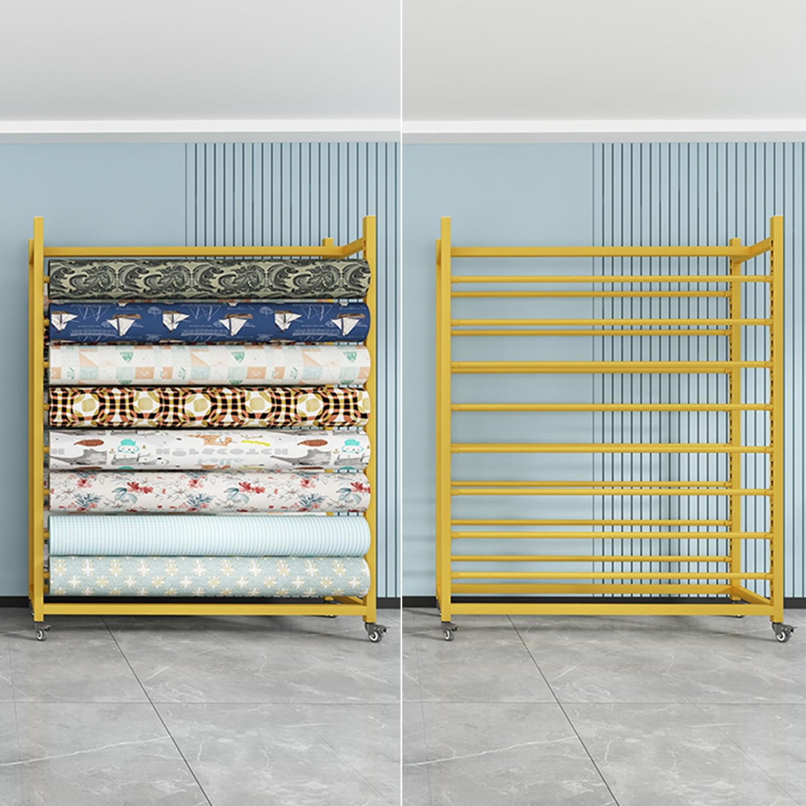 Commercial Fabric Roll Display Rack with Adjustable Hanging Rod, Movable Heavy Duty Metal Shelf Organizer with Wheels for Vinyl Rolls/Car Color Change Film/Tablecloth/Wrapper, Gold(16 rods,180x50x200c