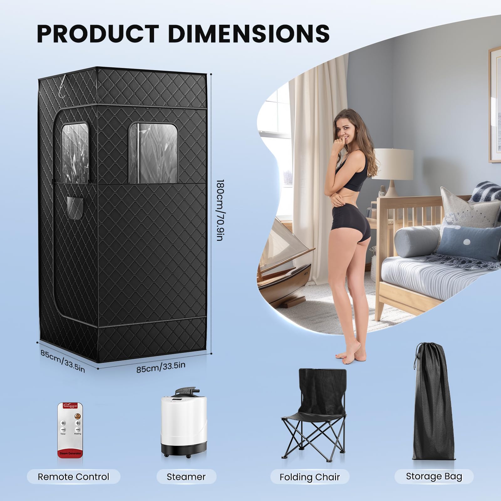 Sauna Portatile 180×80×80 cm 2.6L Vapore 9 Livelli Calore Riscaldamento Rapido 3 Minuti Sedia Pieghevole Telecomando