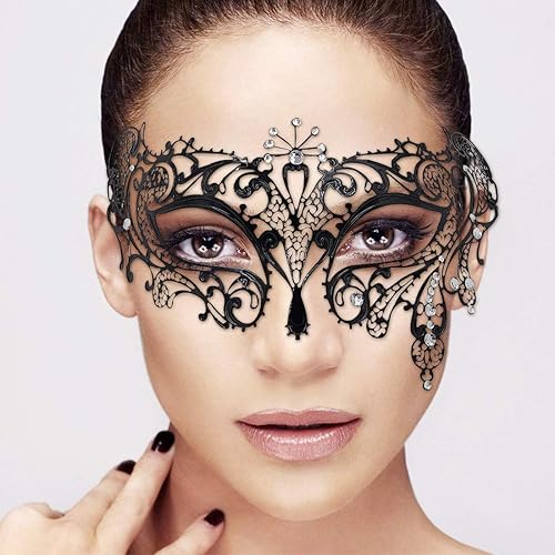 Miniatura 2 de FaceWood Máscara de mascarada para mujer, máscara de metal ultraligera brillante con diamantes de imitación veneciana, bonita fiesta, noche, baile