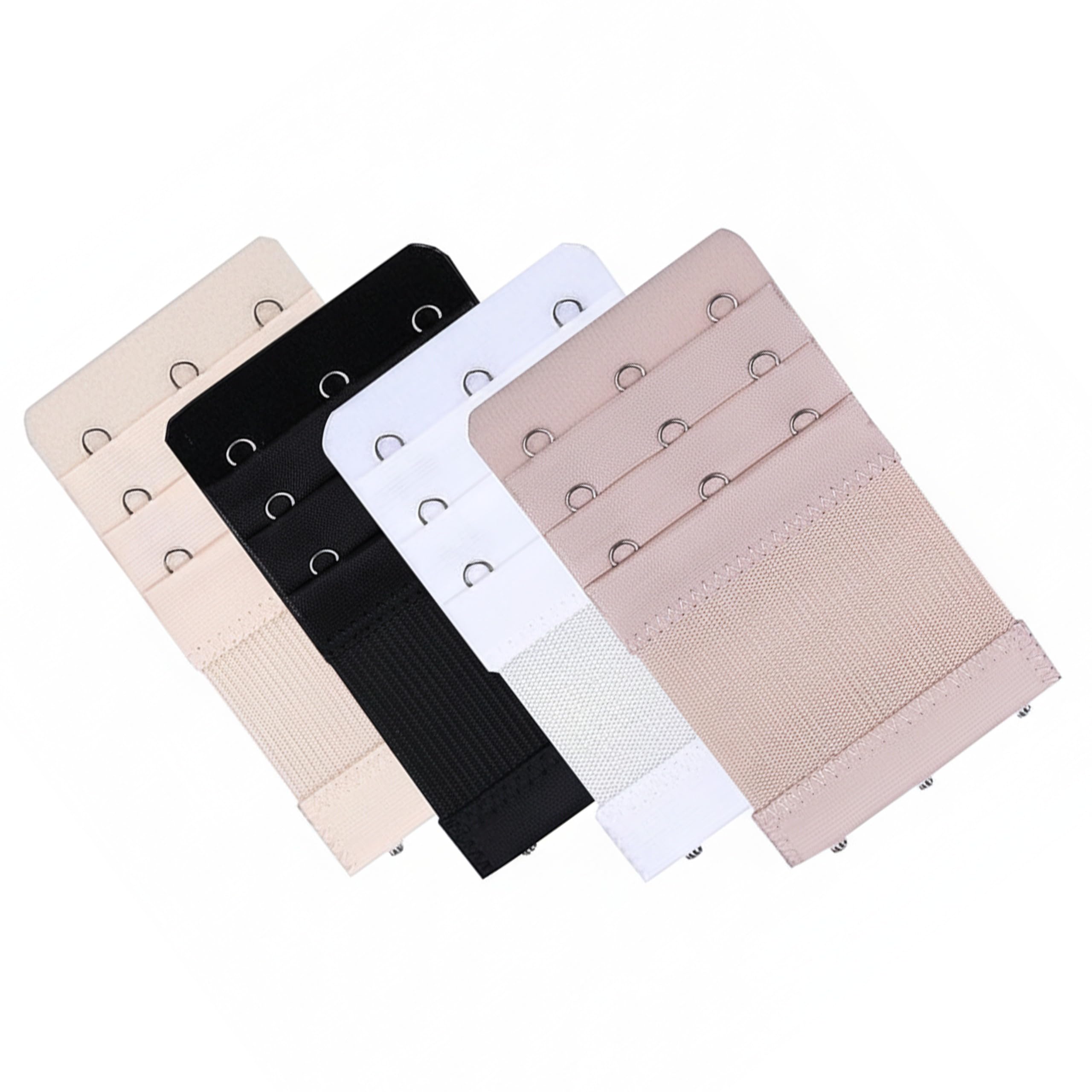 Women’s Bra Extender 3 Hook 3 Row | Adjustable Elastic Bra Extension Strap for Tight Bras, Pregnancy & Weight Gain | Black, Beige, White & Skin (Pack of 4)