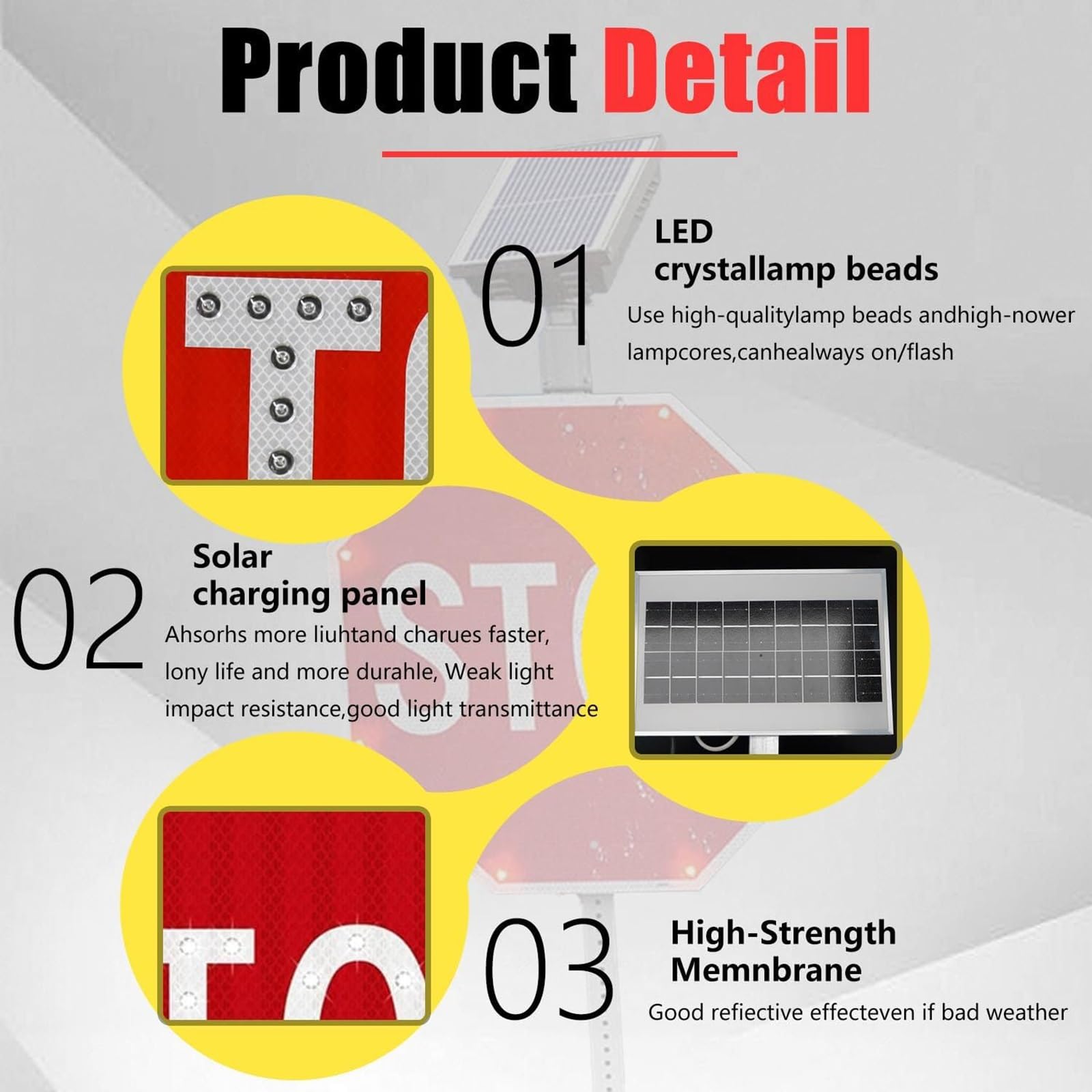 Señales De Stop Con Paneles Solares Reflectantes, Señales De Alto Solares, Visibilidad: >800 Metros, Control Inteligente Del Sensor De Luz, Protección UV E Impermeable(60 * 60cm/24in)