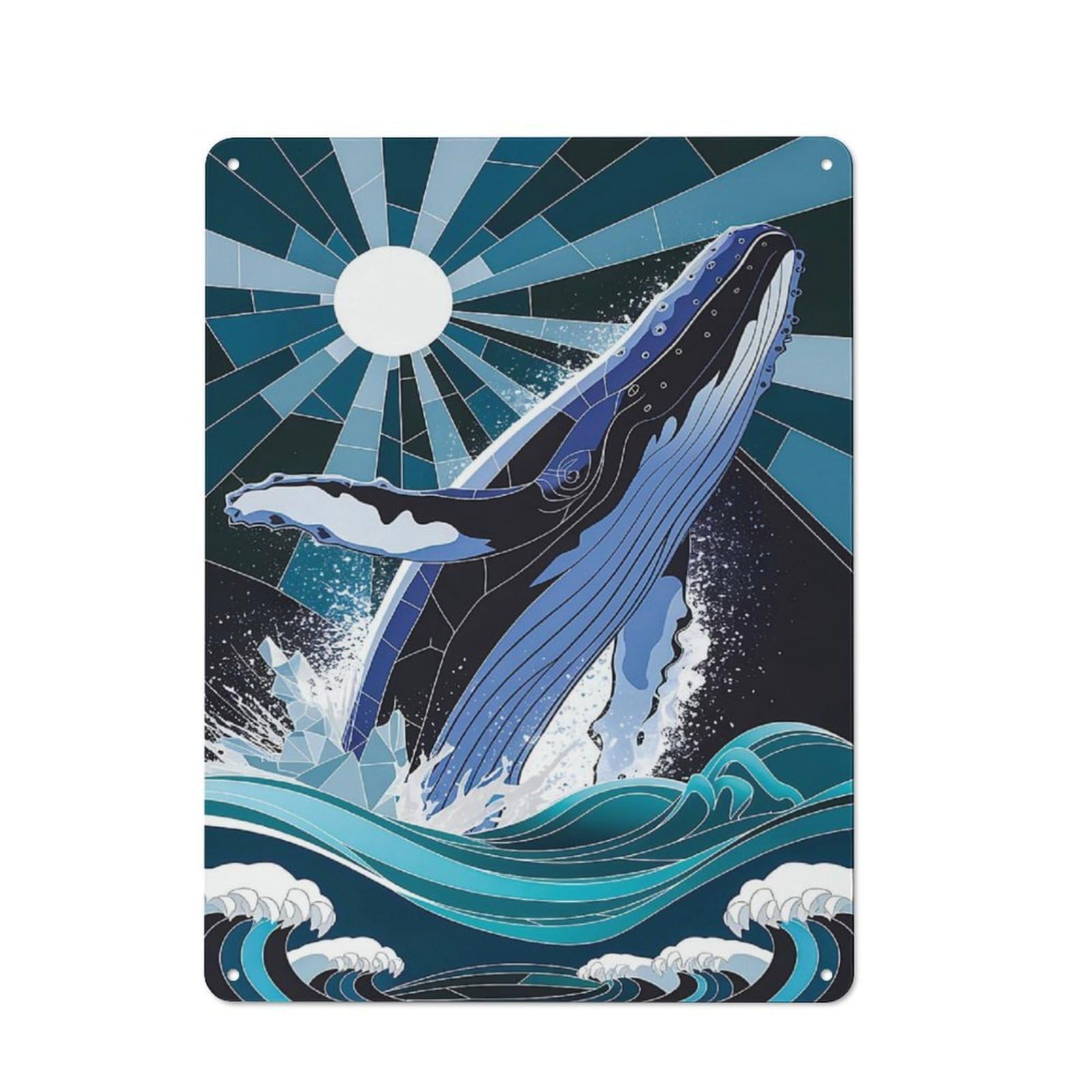 Junmoney Whale Leaping From Waves Stained Glass Vintage Metal Sign 40X30cm For Dining Room Or Kitchen, Suited To Home Decor Collectors