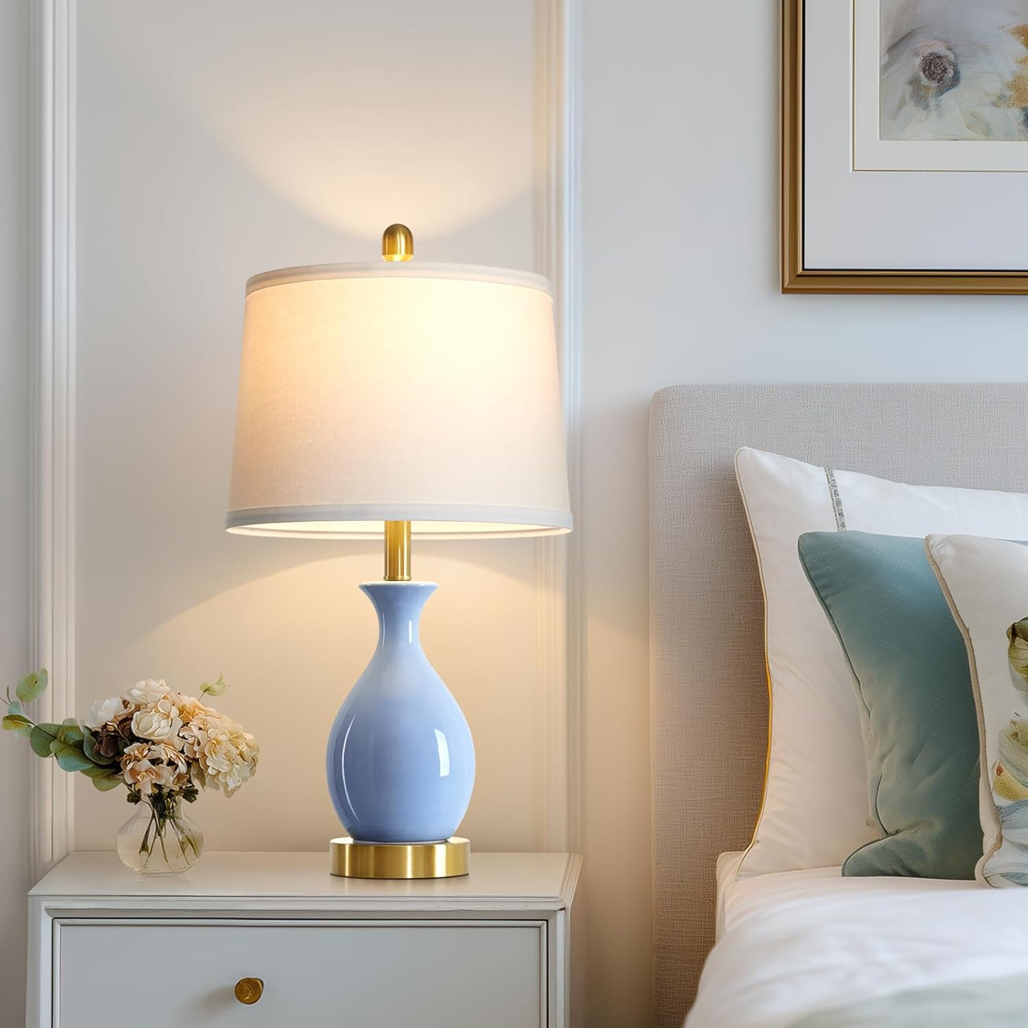 24″ Light Blue Ceramic Table Lamps Set of 2, Modern Classic Bedside Lamps for Bedroom Nightstand, Small Table Lamp for Living Room Side Table (2 LED Bulbs Included)