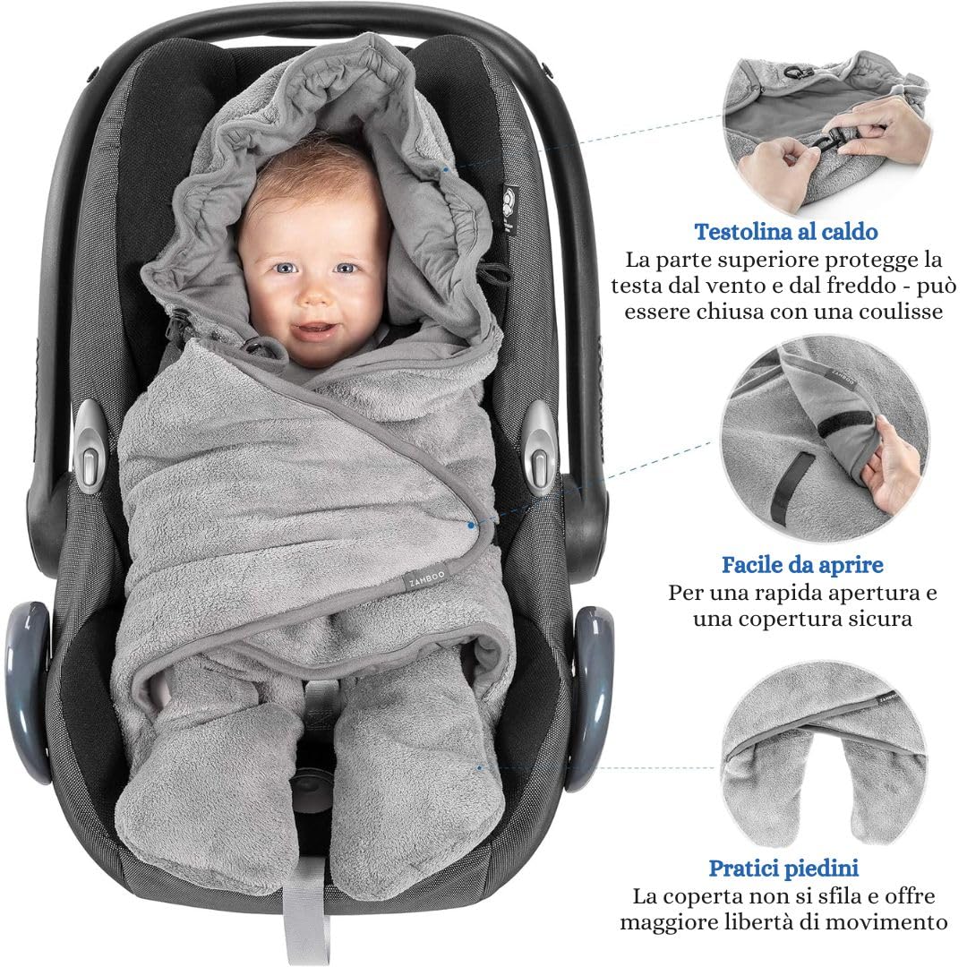 Zamboo Copertina Neonato Invernale con Piedini - Coperta Ovetto Neonato per Seggiolino Auto e Passeggino - Con Borsa - Grigio