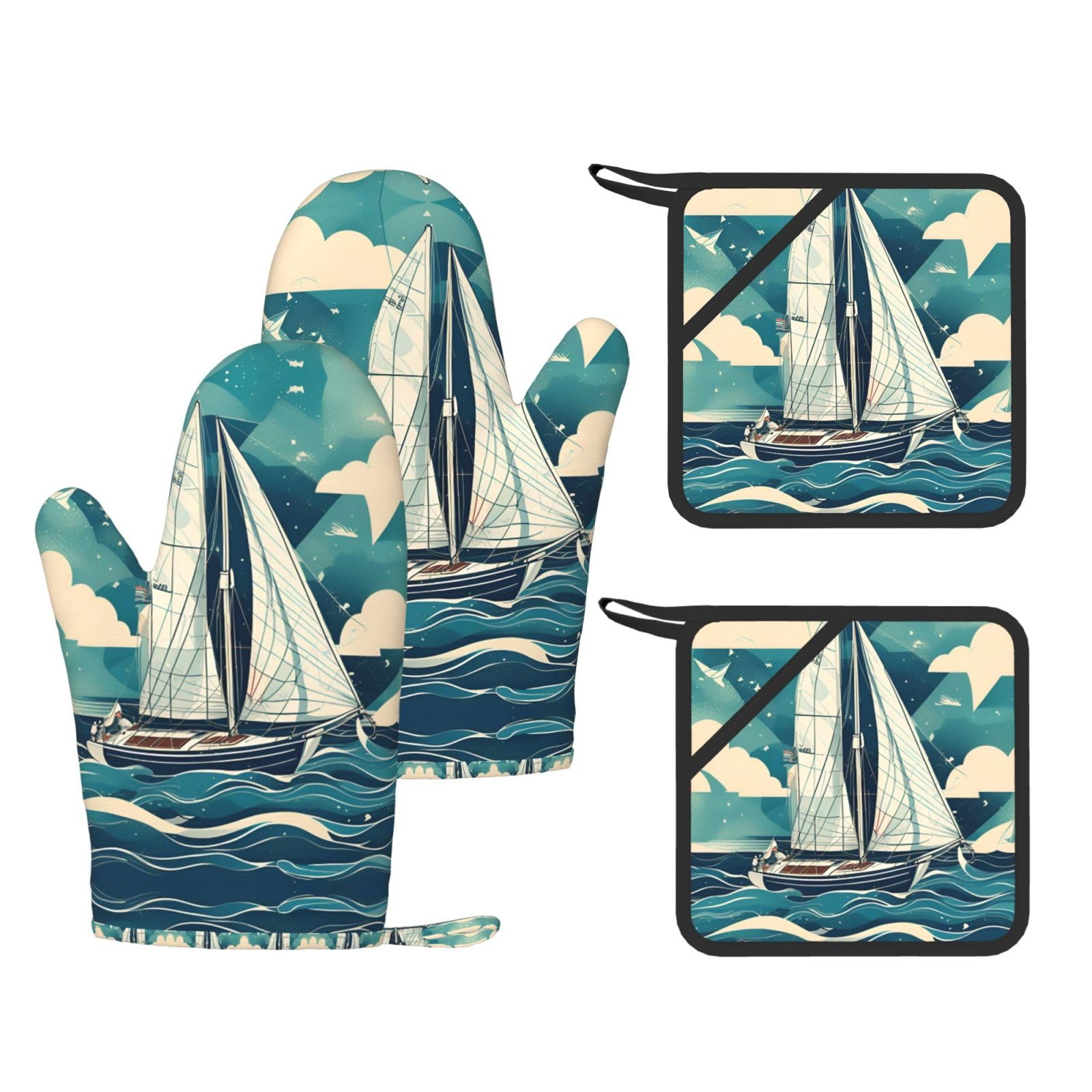 Ocean Sailboat Stylish Printed Kitchen Set Including Heat Resistant Gloves and Non-Slip Hot Pads for Cooking BBQ