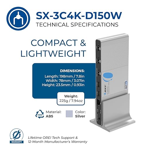 Docking Station OREI DisplayLink 3 Monitores 4K, 14 Puertos, 100W PD miniatura 5