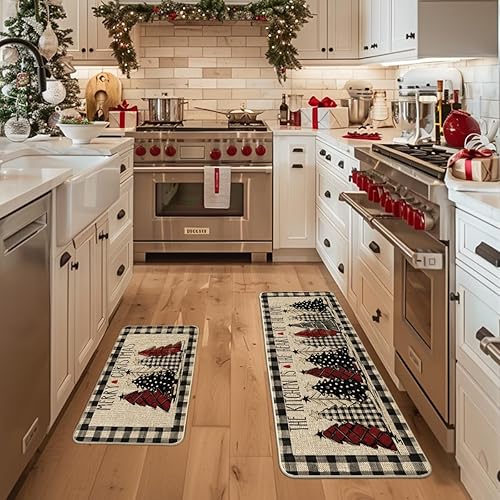 Vista 2 de Artoid Mode Buffalo Plaid Xmas Tree Merry Christmas Kitchen Mats Set of 2, Winter Home Decor Low-Profile Kitchen Rugs for Floor - 17x29 and 17x47
