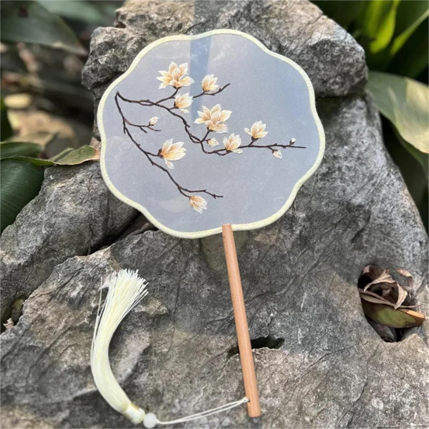 Handheld Embroidered Fans Chinese Ancient Style Long Handle Double Sided Embroidery Machine Embroidery Round Fan