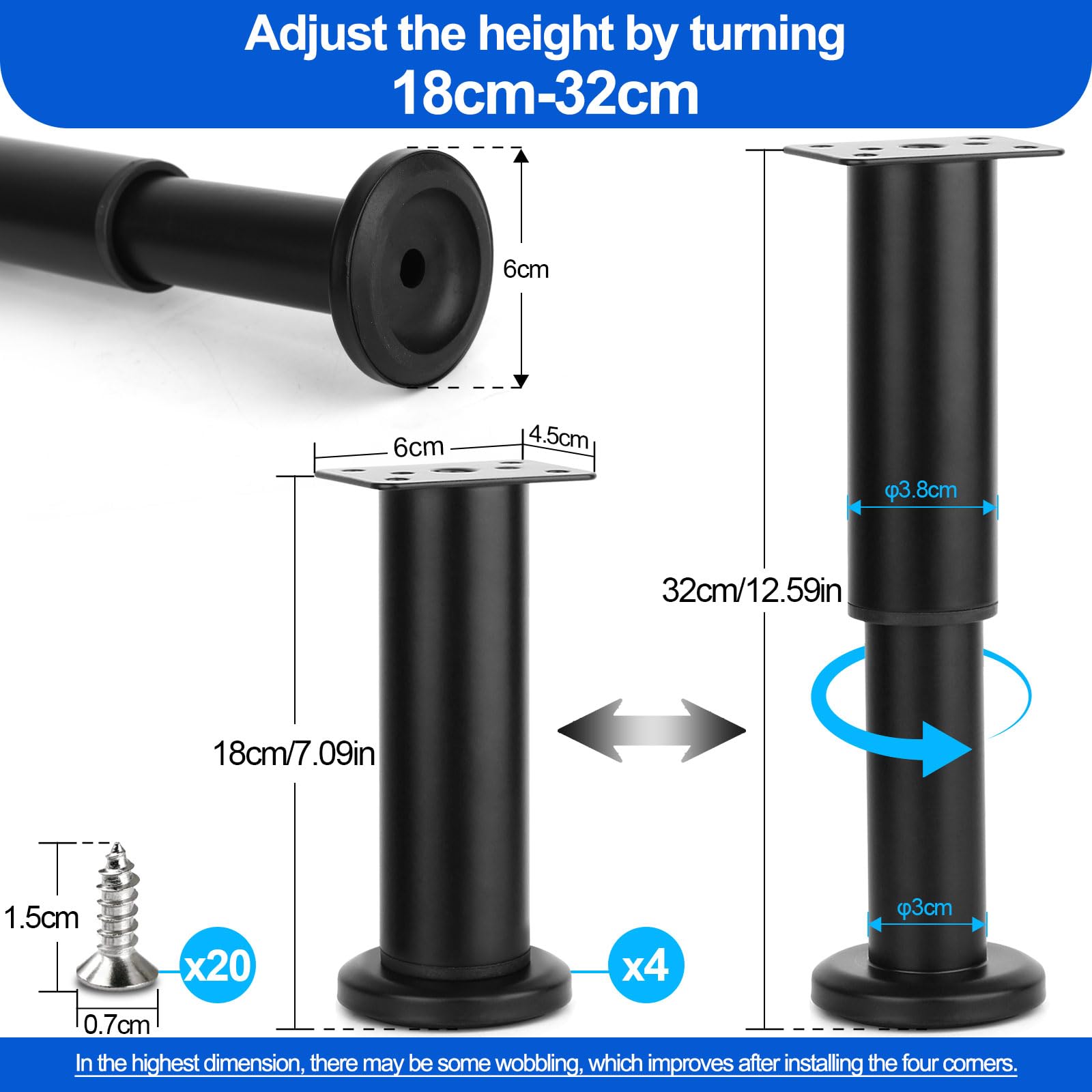Yooler 4pcs Adjustable Furniture Legs, 18-32cm Metal Support Legs Bed Legs/Feet - Image 2