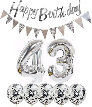 2 Balloons Number 43 + Happy Birthday Garland + Silver Banner foil Balloon 43th Birthday Decoration+5 Confetti Balloons boy Girl 43 Year Birthday Decoration Number Balloon 43 Balloons 43 Birthday