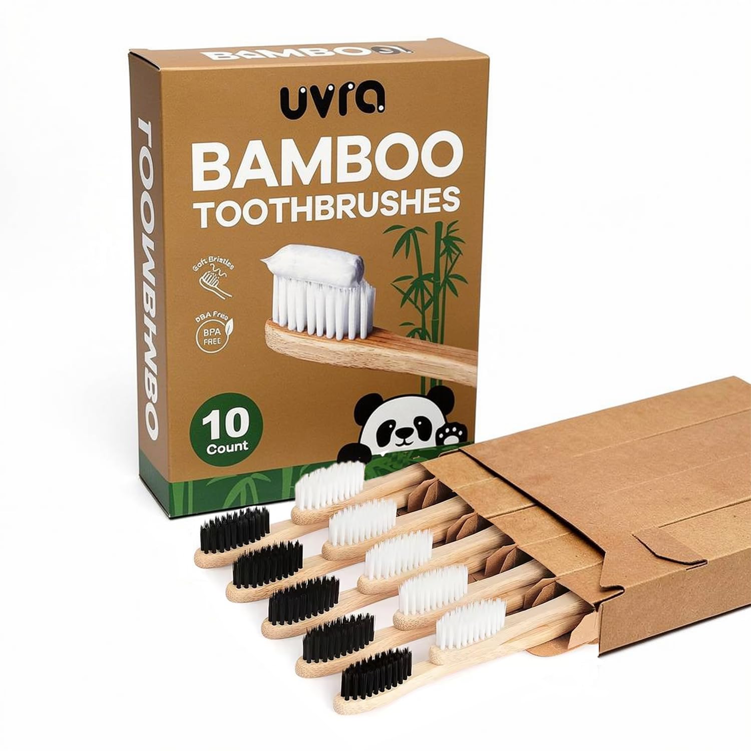 Bamboo Toothbrushes for Adults 177x14mm - 10 Pack Eco-Friendly Biodegradable Charcoal-Infused Soft Bristles Manual Toothbrushes Sustainable Compostable Natural