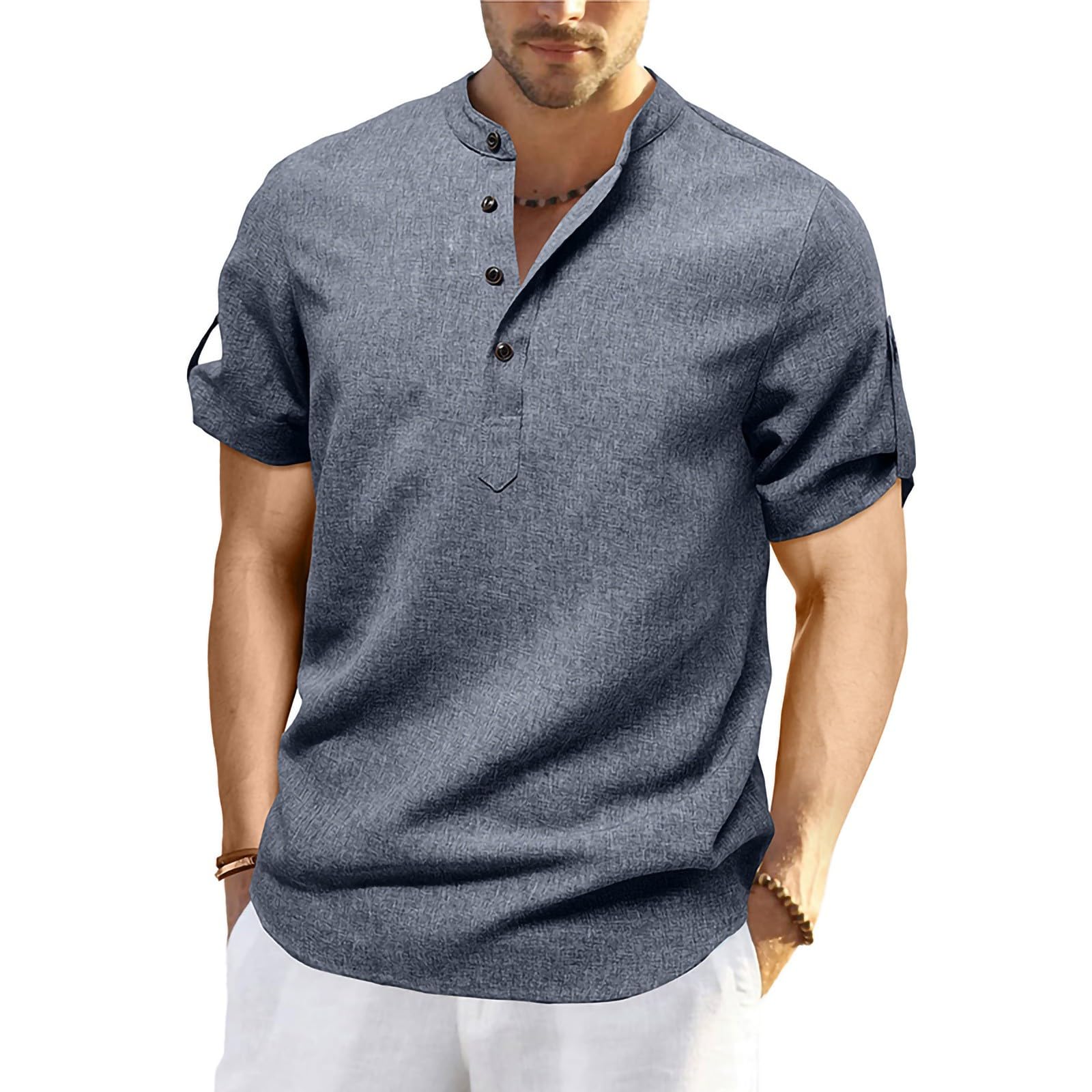 Henley Shirt Herren Kurzarm Tshirt Business Einfarbige T-Shirt Arbeit Button Kurzarmshirt Mit Stehkragen Herren-T-Shirt Freizeit Atmungsaktive Sommershirt Leicht Und Luftig Blau M