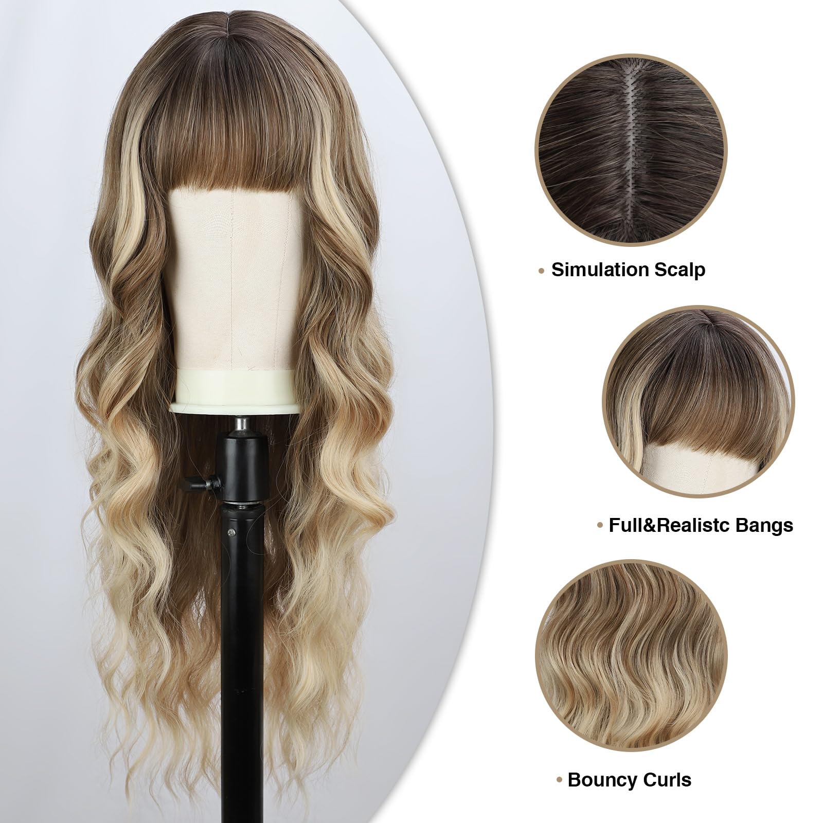 Peluca rubia ombré con flequillo, peluca larga rubia para mujer, 26 pulgadas, pelucas de fibra sintética resistente al calor para fiestas diarias 2