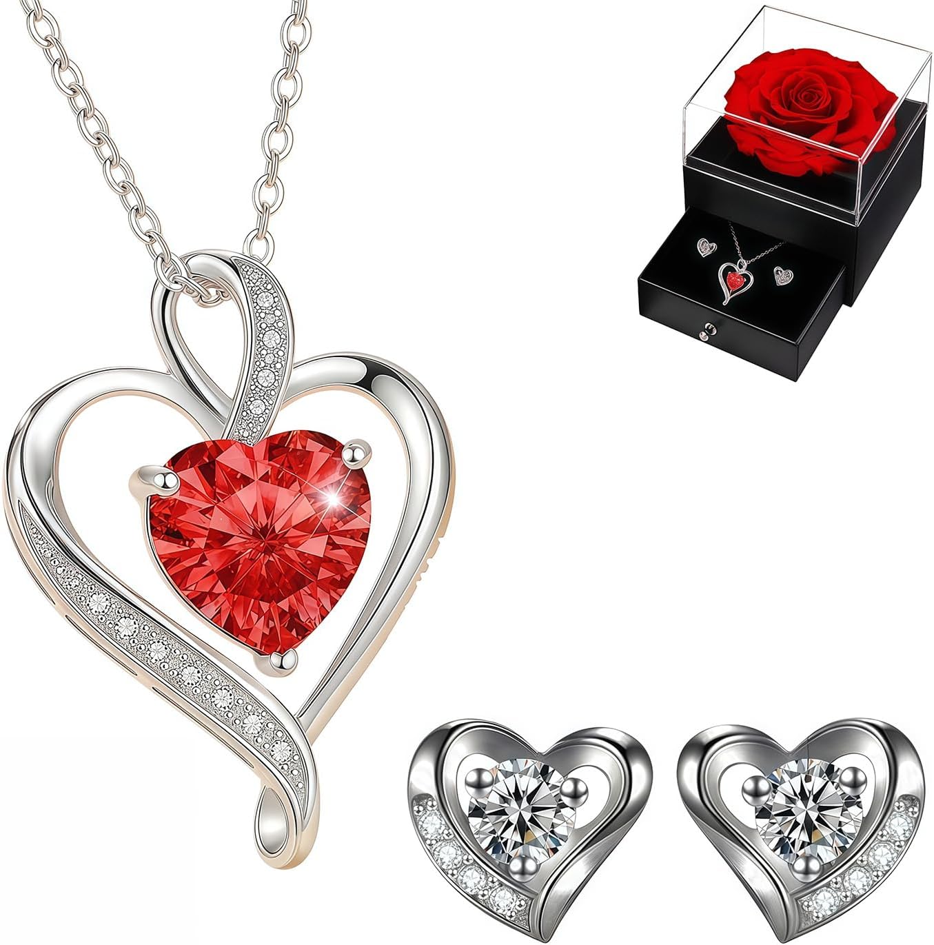 Eternal Rose Gift Box with Heart Necklace & Earrings - Real Preserved Flower Lasts 3-5 Years - Romantic Jewelry for Women Wife Mom - Valentine's Mother's Day Birthday Anniversary