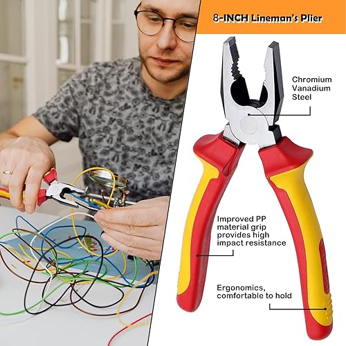 Miniatura 16 de WEDO Juego de 3 alicates aislados, VED 1000V Kit de alicates para electricista, alicates Lineman de 8 pulgadas, alicates de punta de aguja larga