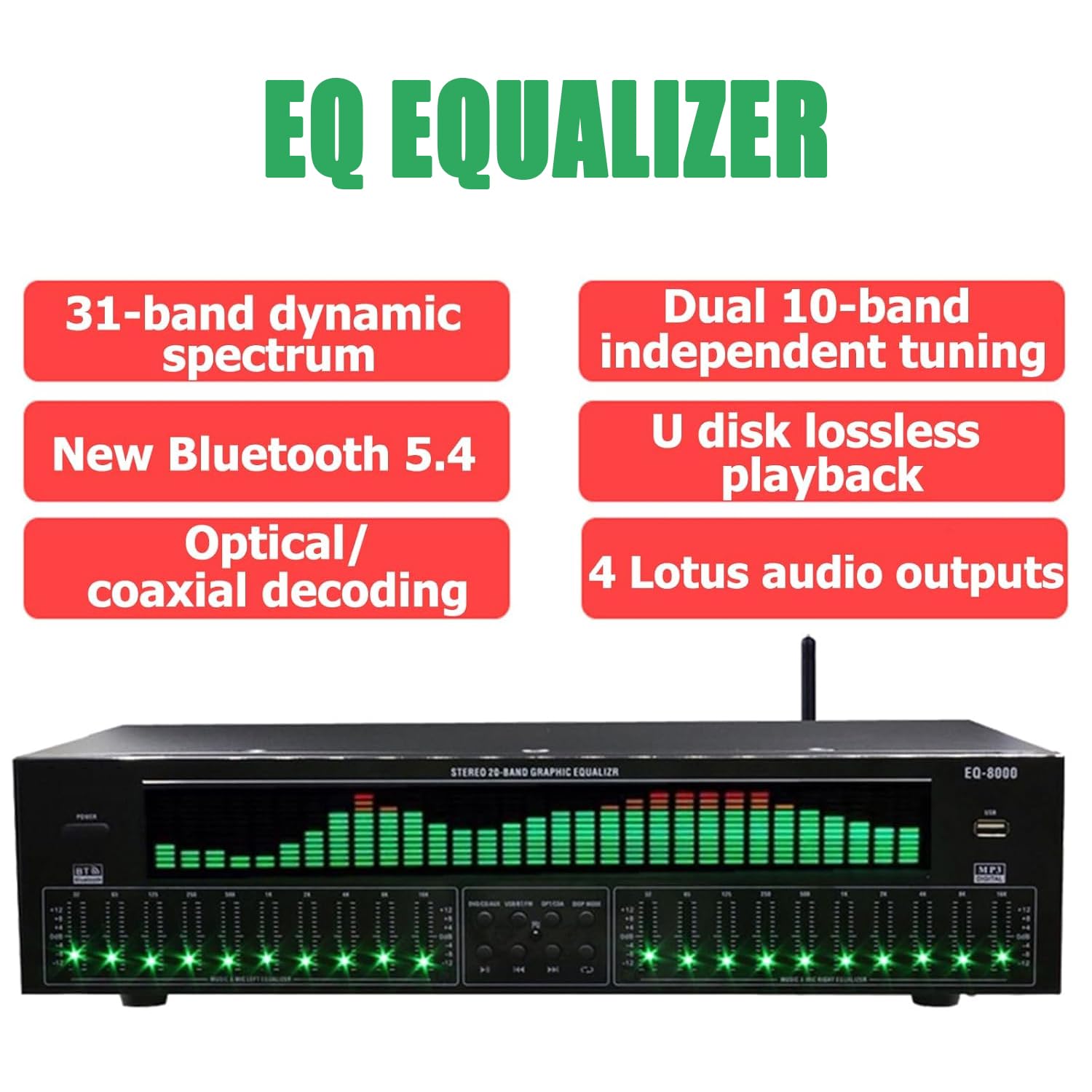 Ecualizador Digital Dual de 31 Bandas, Ecualizador gráfico estéreo, reducción de Ruido, con Pantalla LED de Espectro, 12 Patrones de Ritmo, ecualizadores Profesionales