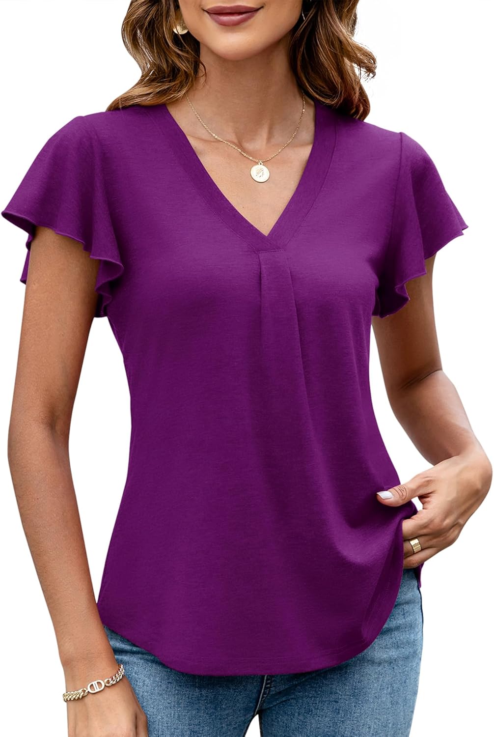 LOMON Womens Tops Dressy Casual Summer Flutter Sleeve T-Shirts Trendy Ruffle Short Sleeve Loose V-Neck Tunic Tops