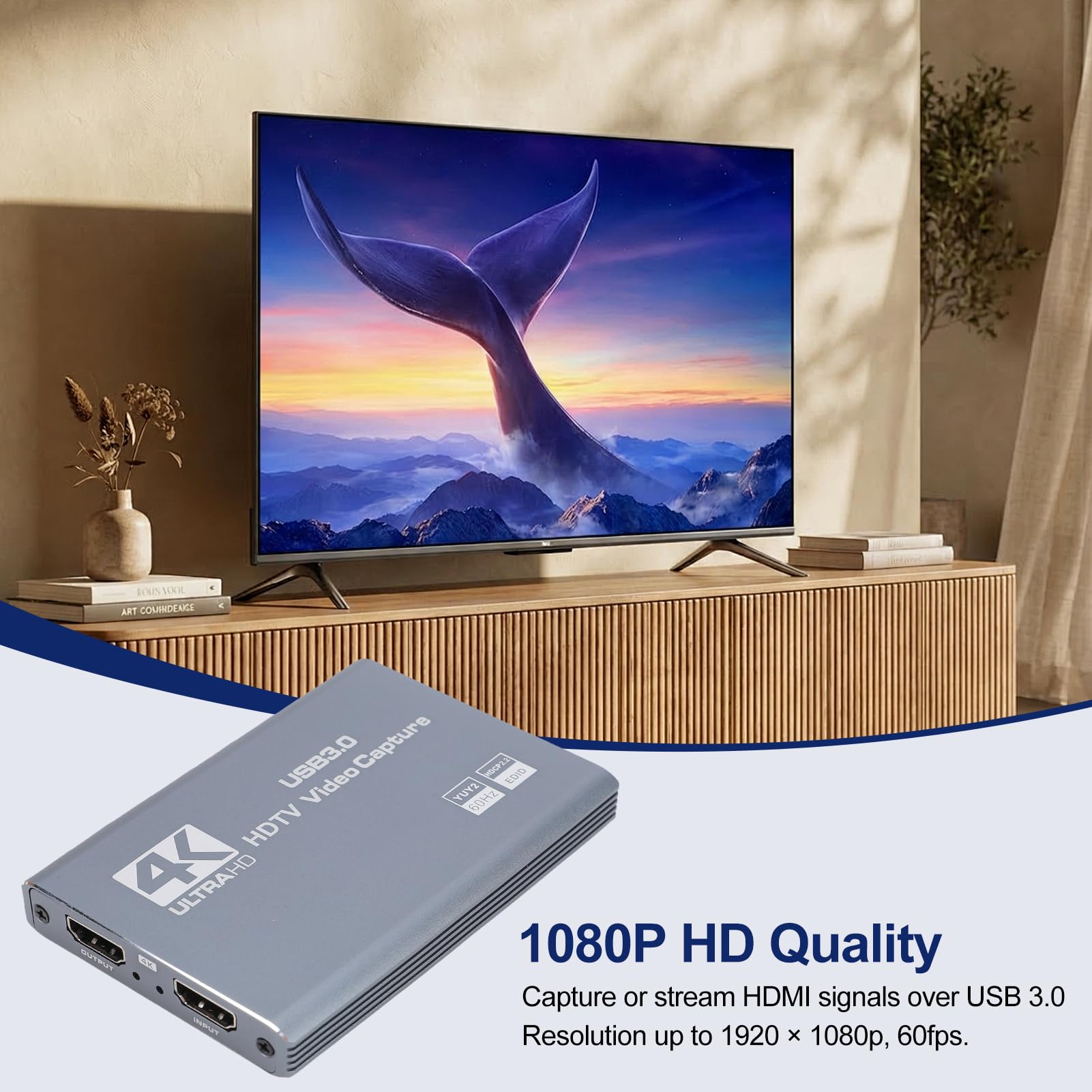 Tarjeta de Captura HDMI 4K para Streaming, 1080P 60FPS USB 3.0, Dispositivo de Captura de Vídeo HDMI, Latencia Cero para Streaming, Grabación, Juegos, Plug and Play