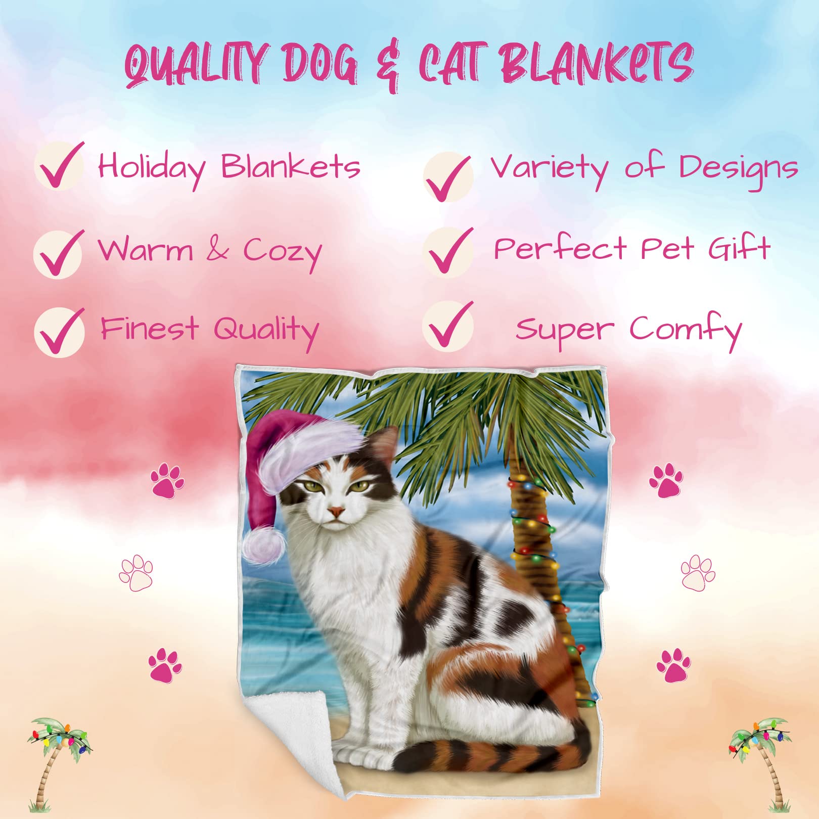 Doggie of the Day Calico Cat Blanket - Christmas Summertime Beach - Super Soft & Warm Pet Theme for Sofa or Bed, Warm Fleece, Sherpa or Woven Material, BLNKT87536 (50x60 Sherpa)
