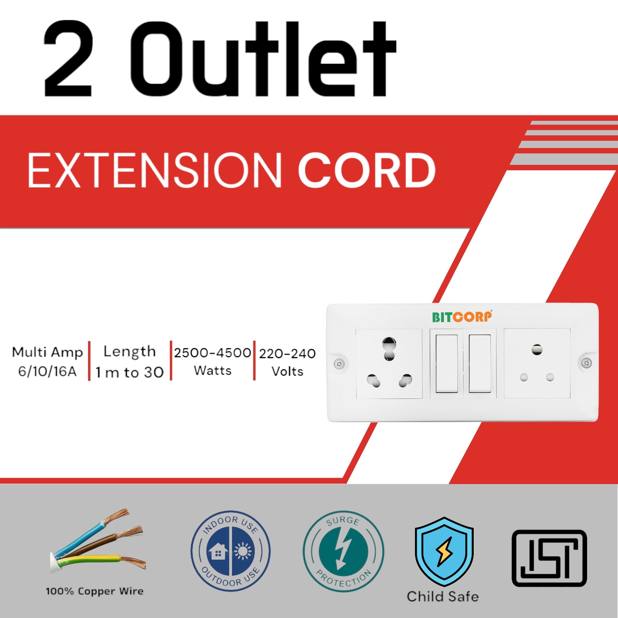 BITCORP 16A Power Extension Board with Switches with 2 Socket 2 Switch, 2500W, 5 Meter 1.5mm Electric Cord for Computer, Refrigerator, AC, TV, Home and Office Appliances