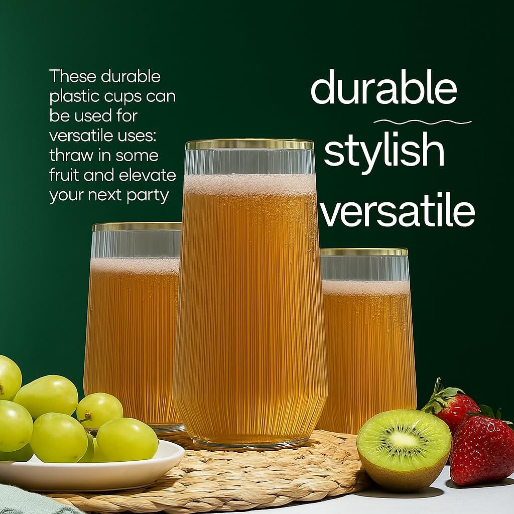 48 Pack Ribbed Ripple Stemless Toasting Glasses, Origami Durable 9 Oz BPA-Free Disposable Plastic Champagne Flutes for Weddings, Bars, Events, and Celebrations (Gold Rim) - Image 3