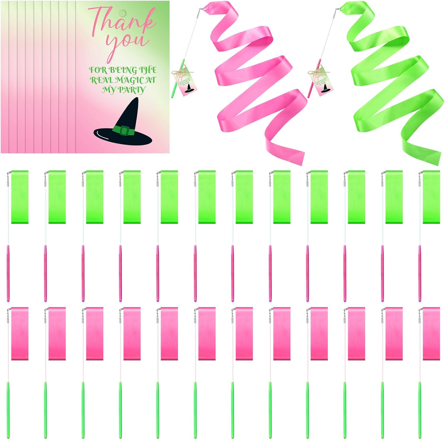 Soulchen 20 Pack Pink and Green Witch Party Favors Witch and Theme Wands with Thank You Cards Pink Green Dance Ribbons Birthday Party Favors Dance Streamers Gift(Magic)