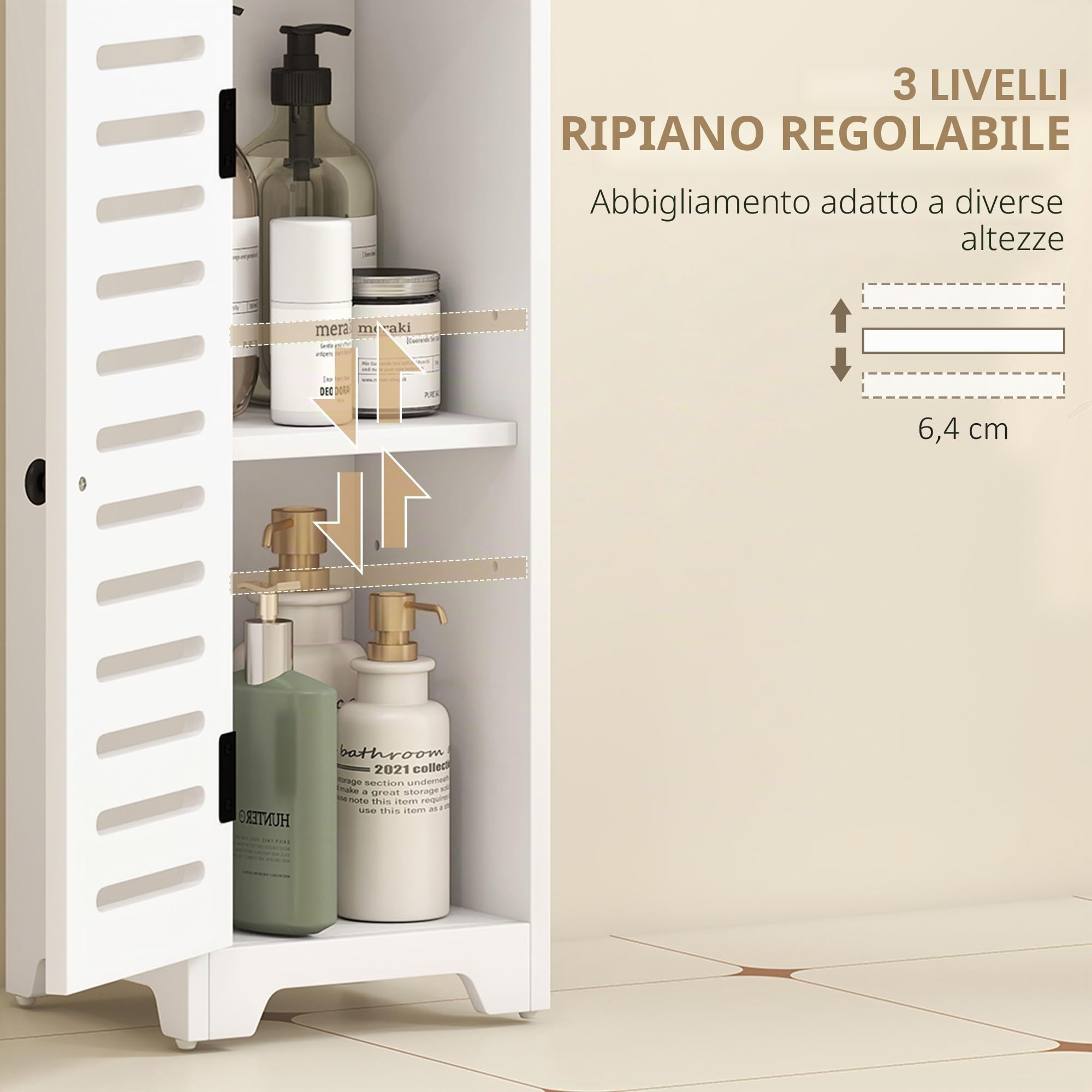 HOMCOM Armadietto bagno sottile porta persiana, ripiano aperto, bianco