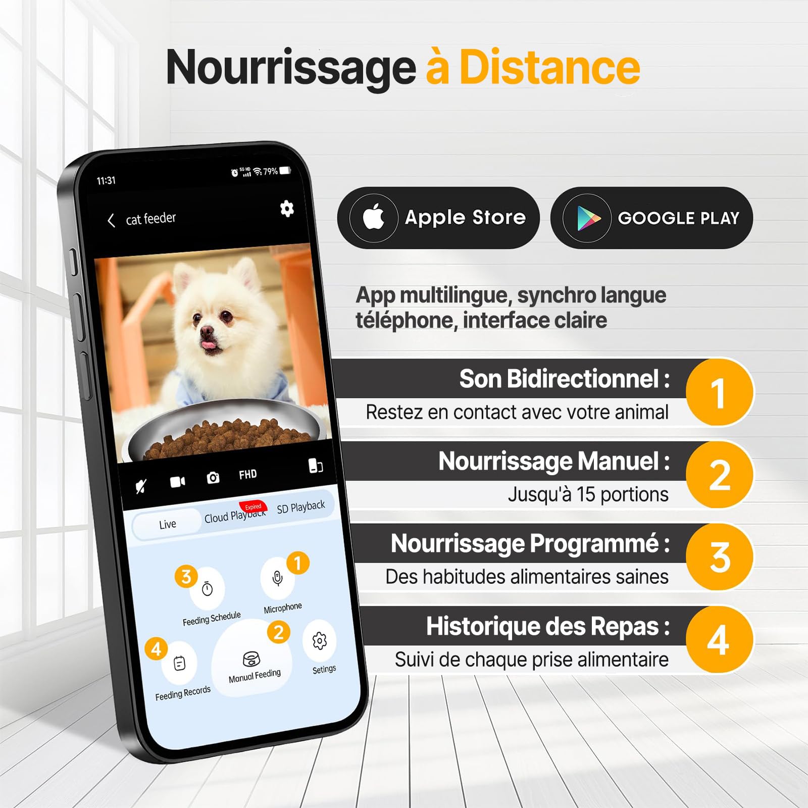 Distributeur Croquettes Chat Automatique, WiFi Caméra, Bol Inoxydable, Programmable & Portionnée, Batterie de Secour - PF5 Noir - Deux Gamelles 2K DIY Zone d’Alerte