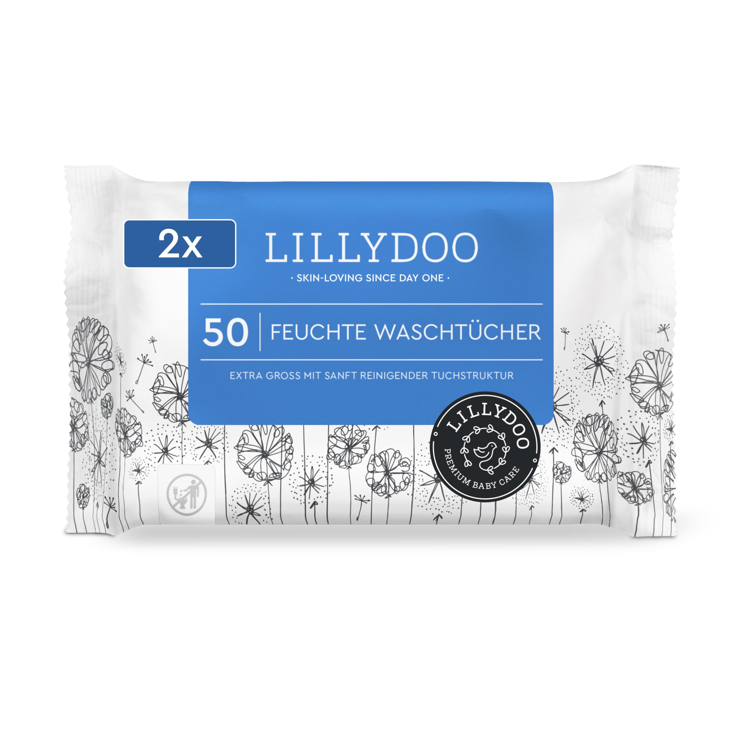 LILLYDOO Feuchte Waschtücher 50 Stück, 100% plastikfrei, extra großes Tuch, ohne Parfüme (Packung mit 2)