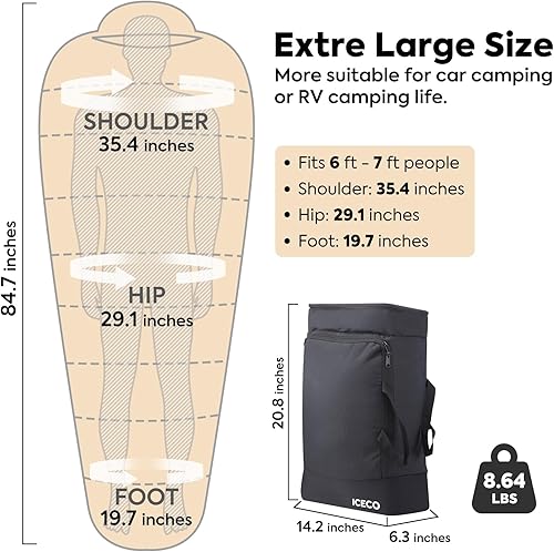 Miniatura 2 de ICECO Saco de dormir XL para adultos, saco de dormir de campamento de 10 F para clima frío, saco de dormir de mochilero de 3 estaciones, cálido y