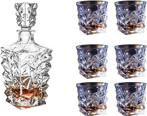 Vintage Crystal Glass Bar Set - 7-Piece Set (6 Wine Glasses + 1 Decanter) Floral Design Home Set