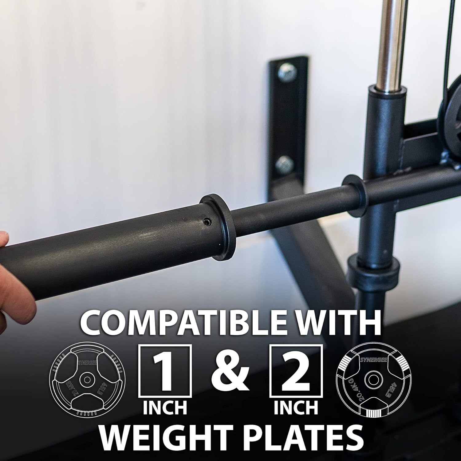 Synergee Wall Mounted Adjustable Dual Pulley Machine. Home Cable Attachment Station for Pulley System. for 1” and 2” Opening Weight Plates. Includes 2 Nylon Handles and Universal Attachment Points.