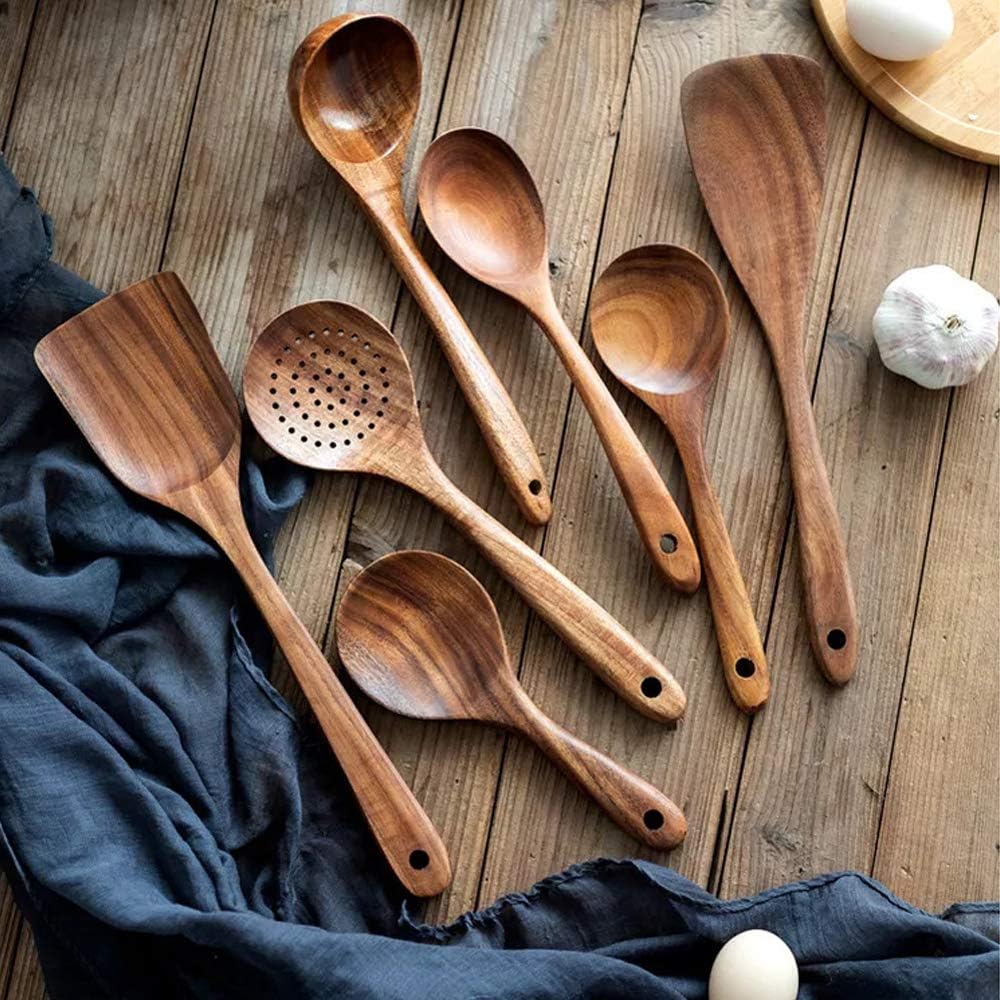 Teak Kitchen Utensils Set,Slotted Spoon+Flat Spatula+Wok Spatula Kit,Kitchenware Nonstick Pan Fryer Pot Cookware Wooden Kitchen Utensil Set Natural Handcrafted Cutlery Kitchen Tool For Cooking