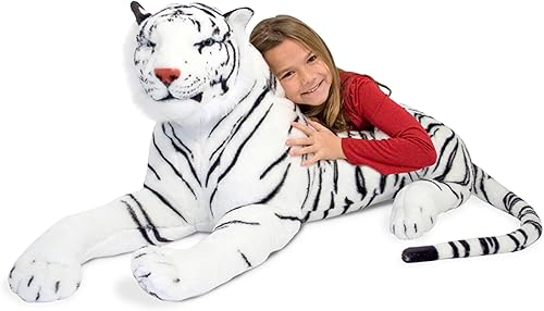 Tigre de peluche Melissa & Doug gigante (más de 5 pies de largo), tigre siberiano blanco, realista